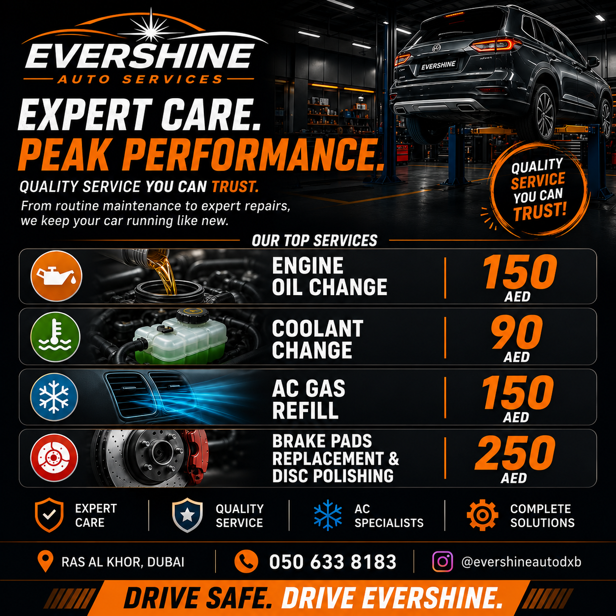 Engine Oil Change — from AED 150, Coolant AED 90, AC Gas AED 150, Brake Pads AED 250