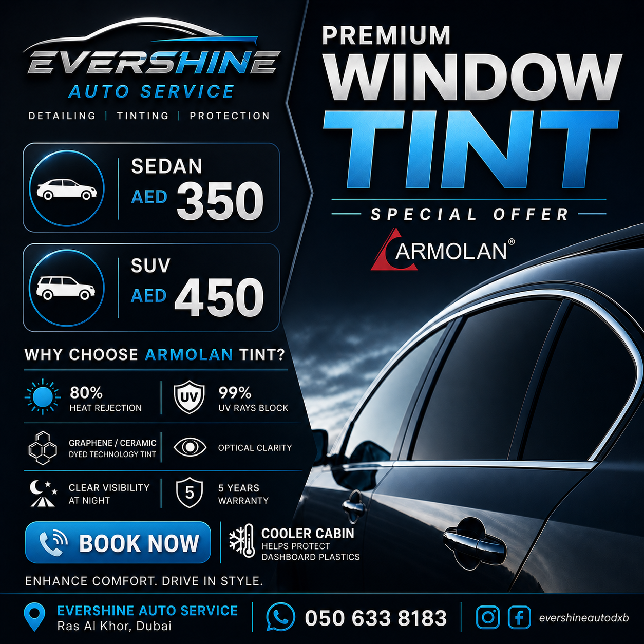 Premium Window Tint Armolan — Sedan AED 350, SUV AED 450